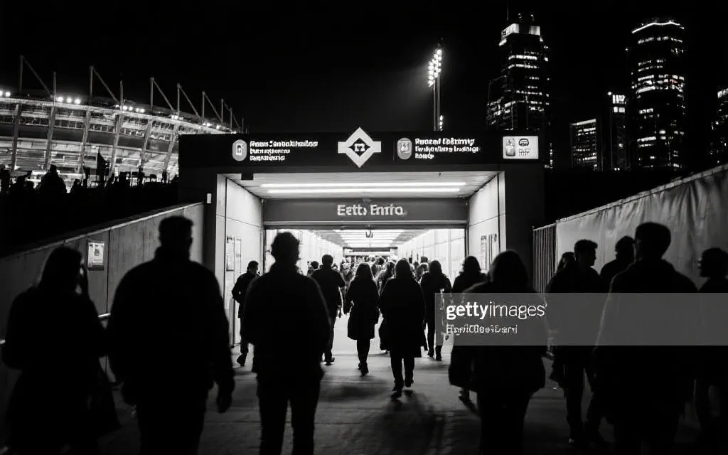 比赛日交通场景：夜晚散场人群、地铁指示牌与城市灯光