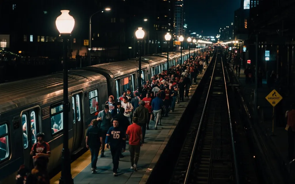 夜间比赛散场后，球迷在公共交通引导下有序步行与乘车的城市街景